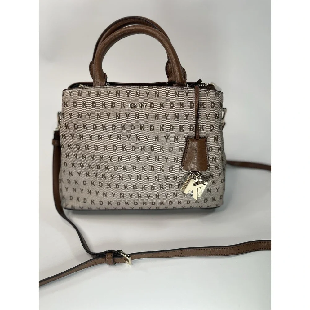 DKNY Bryant Dome Logo MD Round Satchel Bag Tan Brown